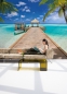Preview: Fototapete BEACH RESORT 368x254 cm Steg am tropischen Strand mit Palmen und Boot
