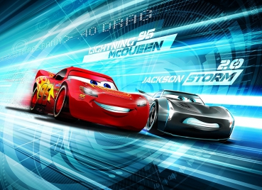 Fototapete CARS 3 SIMULATION, 254x184cm, Lightning McQueen und Jackson Storm in voller Fahrt