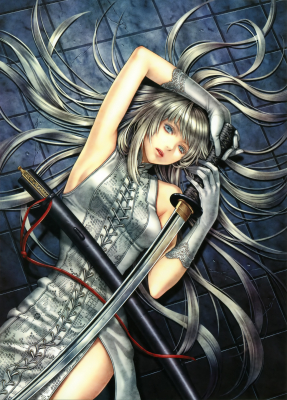 Fototapete Nippon Collection, Liegende Kämpferin mit Schwert, das Haar auf dem Boden ausgebreitet, 4 Bahnen hochwertige Vliestapete
