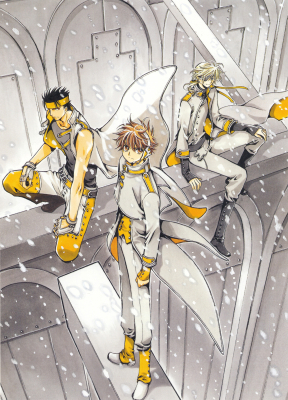 Fototapete Nippon Collection, drei wartende Männer, weiß-gelb gekleidet im Schnee, 4 Bahnen hochwertige Vliestapete