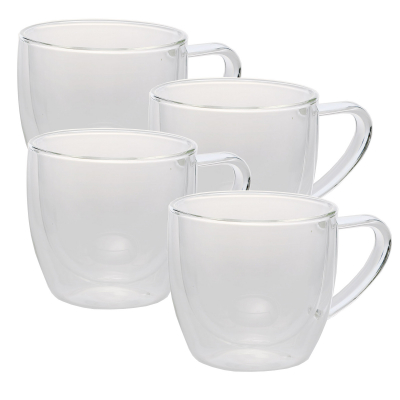 4er Set Design-Thermogläser, 200ml, bauchig mit Henkel, Kaffee oder Tee, doppelwandiges Borosilikatglas