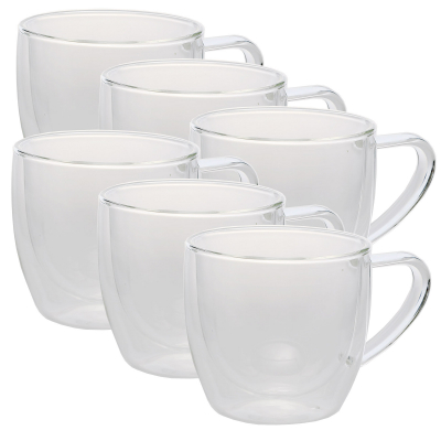 6er Set Design-Thermogläser, 200ml, bauchig mit Henkel, Kaffee oder Tee, doppelwandiges Borosilikatglas