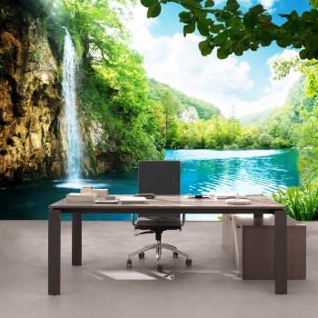 Vlies Fototapete 35 - Waterfall in Paradise Berge Tapete Wasserfall Lagune Paradies Berge See Wald B