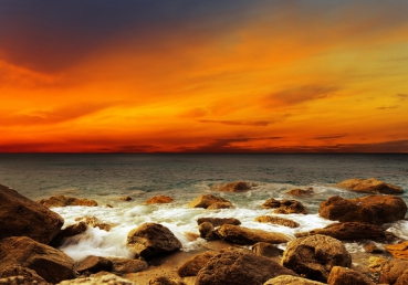 Vlies Fototapete 60 - Rocky Beach Sunset Sonnenaufgang Tapete Sonnenaufgang Strand Meer Felsen Sunset sepia