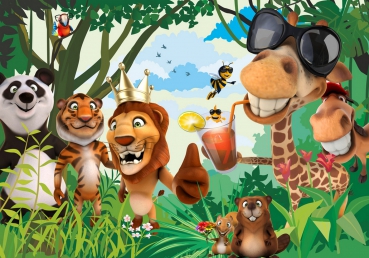 Vlies Fototapete 87 - Jungle Animals Party II Kindertapete Tapete Kinderzimmer Zoo Tiere Safari Comic Party Dschungel bunt