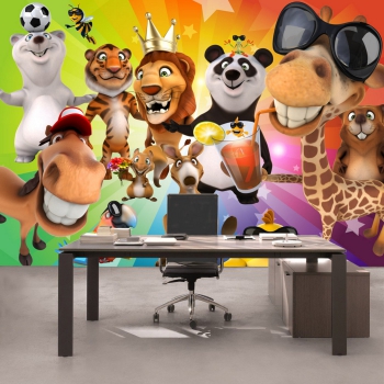 Vlies Fototapete 88 - Safari Party Animals Kindertapete Tapete Kinderzimmer Zoo Tiere Safari Comic Party Dschungel bunt