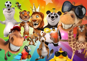 Vlies Fototapete 88 - Safari Party Animals Kindertapete Tapete Kinderzimmer Zoo Tiere Safari Comic Party Dschungel bunt