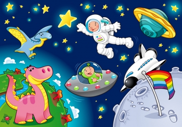 Vlies Fototapete 89 - Little Space Explorers Kindertapete Tapete Kinderzimmer Weltraum Star All Weltall Mond Sterne blau