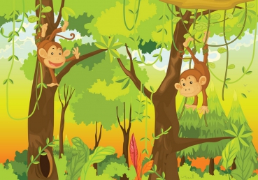 Vlies Fototapete 94 - Jungle Animals Monkeys Kindertapete Tapete Kinderzimmer Safari Comic Affen Dschungel 