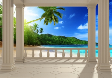 Vlies Fototapete 121 - Terrace View Caribbean Beach Meer Tapete Ausblick Terrasse Seeblick 3D Strand Sonne Palmen blau