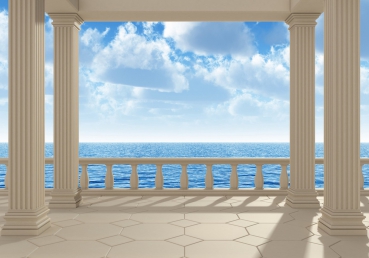 Vlies Fototapete 122 - Terrace View Silent Ocean Meer Tapete Ausblick Terrasse Seeblick 3D Strand Sonne Wolken blau