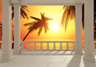 Vlies Fototapete 123 - Terrace View Romantic Sunset Meer Tapete Sonnenaufgang Strand Beach Palmen Terrasse orange