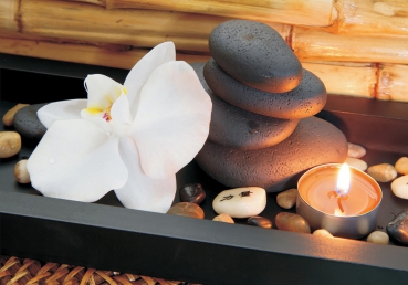 Vlies Fototapete 279 - Wellness Tapete Steine Kerze Orchidee Relax Wellness. Romantik Bad Orange Bambus orange