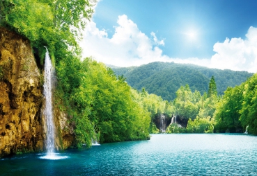 Vlies Fototapete 377 - Wasser Tapete Wasserfall Bäume Meer Himmel Sommer Urlaub blau