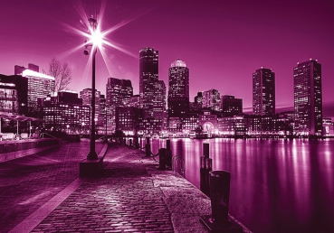 Vlies Fototapete 857 - New York Tapete Laterne Nacht Skyline Lichter Fluss lila