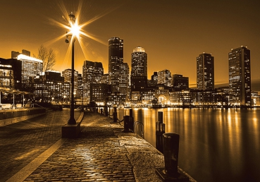 Vlies Fototapete 861 - New York Tapete Laterne Nacht Skyline Lichter Fluss gelb