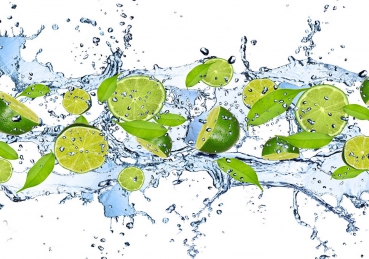 Vlies Fototapete 864 - Kulinarisches Tapete Limetten Wasser Blätter Tropfen Obst Frucht grün