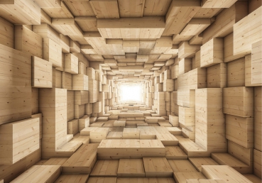 Vlies Fototapete 944 - 3D Tapete Abstrakt Holz Kasten Kisten Rechteck Tunnel 3D braun