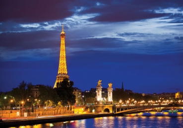 Vlies Fototapete 983 - Skylines Tapete Paris Eifelturm Fluss Nacht Lightning Skyline Stadt Panorama gelb