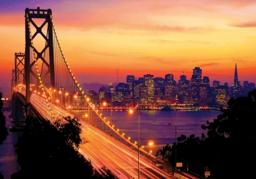 Vlies Fototapete 1009 - USA Tapete Brücke Himmel Lightning San Francisco Skyline Nacht Golden Bridge orange