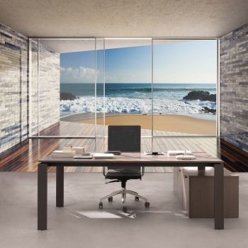 Vlies Fototapete 2429 - Architektur Tapete Terrasse Balkon Steinwand Strand Wellen Meer Himmel grau