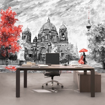 Vlies Fototapete 4555 - Gemälde & Kunstwerke Tapete Stadt Malerei Berlin Baum Stuhl Frau Mann rot