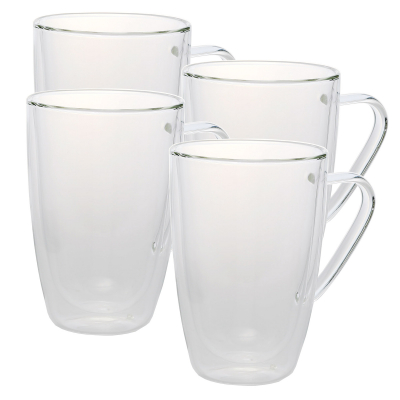 4er Set Design-Thermogläser, 350ml, bauchig mit Henkel, Kaffee oder Tee, doppelwandiges Borosilikatglas