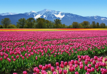 Fototapete TULIPS 366x254 buntes Tulpenfeld vor Kulisse der Rocky Mountains, USA