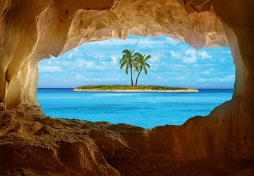 Fototapete PARADISE 366x254 Höhle am Strand Ausblick auf kleine Insel mit Palmen