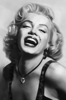 Fototapete MARILYN MONROE 115x175 Portrait S-W-Malerei, fröhlich erotische Pose.