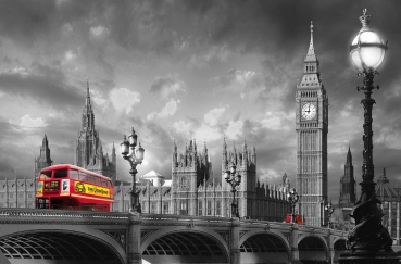 Fototapete RED BUS ON WESTMINSTER BRIDGE 175x115 London Big Ben Themse rot s-w