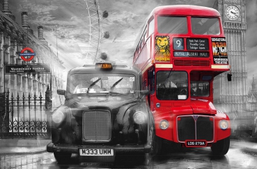 Fototapete BUS + TAXI 175x115 London Westminster rot coloriertes SW-Bild England