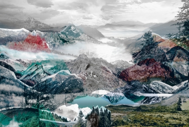 Vliestapete Fototapete UP AND DOWN, 368x248cm, grafisches Experiment, colorierte Alpen-Collage