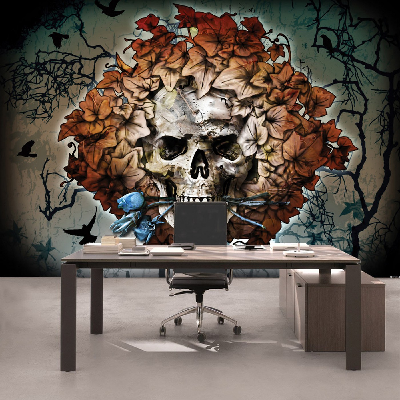 Kiss Fototapeten Thermoglaser Und Leuchtpflastersteine Fototapete No 712 Illustrationen Tapete Alchemy Autumn Totenkopf Rosen Bl Auml Tter Vogel Baum Orange