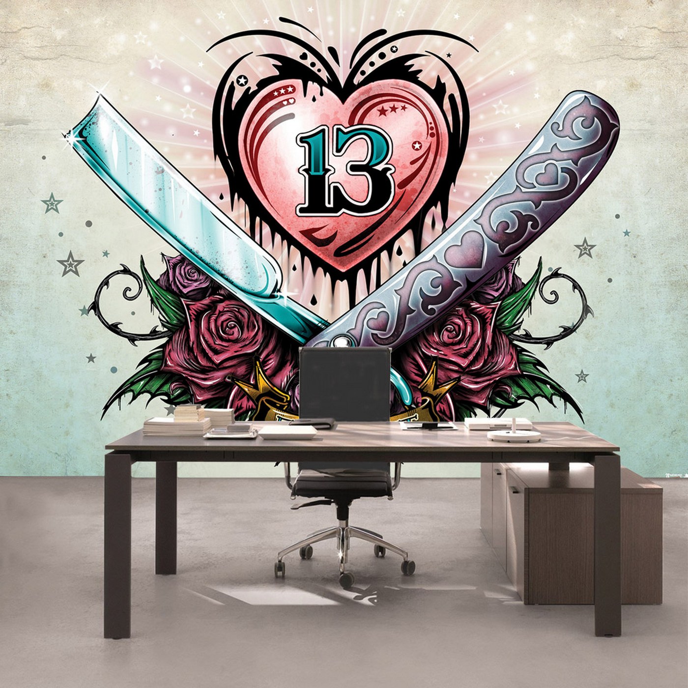 Kiss Fototapeten Thermoglaser Und Leuchtpflastersteine Fototapete No 822 Illustrationen Tapete Alchemy Sylundine Herz Messer Klinge Rosen Dornen Totenkopf Rosa