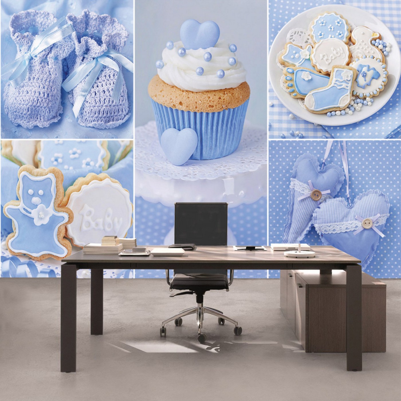 Kiss Fototapeten Thermoglaser Und Leuchtpflastersteine Fototapete No 3337 Vliestapete Jungen Tapete Cupcake Baby Babyschue Kekse Blau