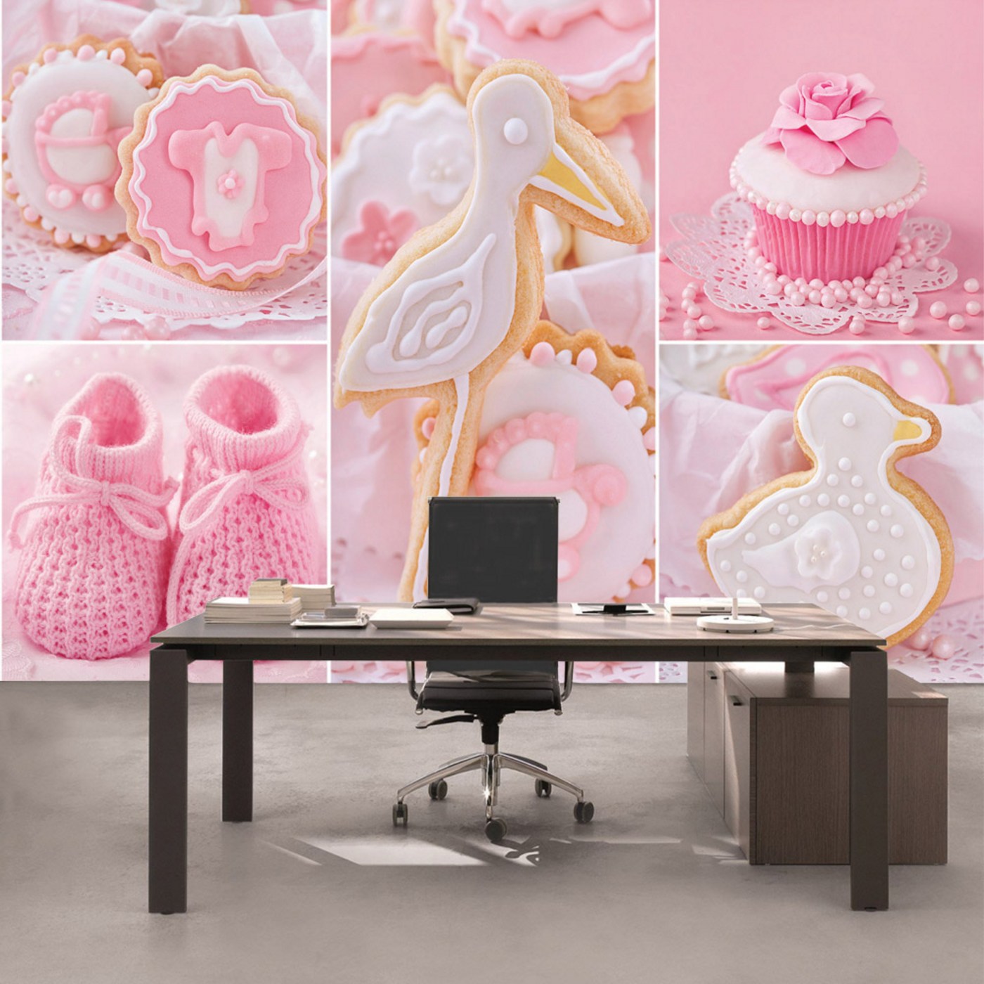 Kiss Fototapeten Zu Besten Preisen Fototapete No 3338 Vliestapete M Auml Dchen Tapete Cupcake Storch Baby Babyschue Kekse Rosa