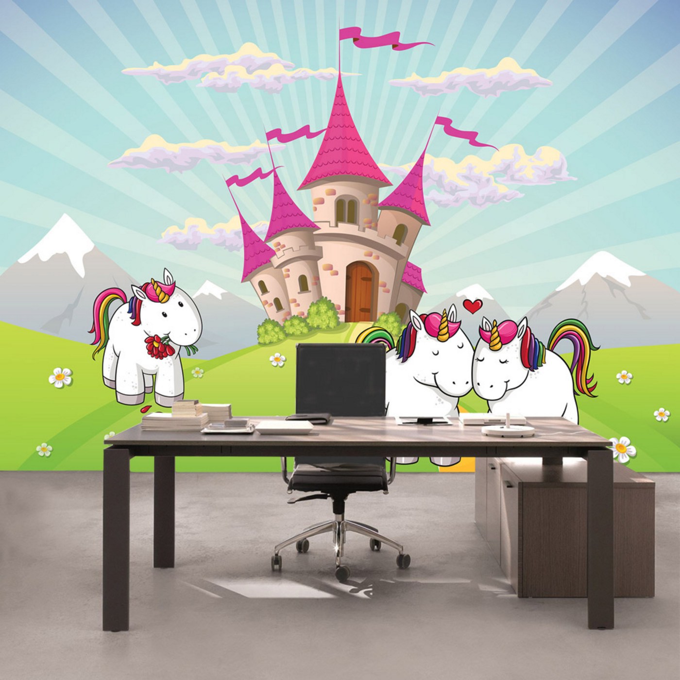 Kiss Fototapeten Thermoglaser Und Leuchtpflastersteine Vlies Fototapete No 4596 Kinder Jugend Tapete Einhorn Pferd Tier Herz Liebe Regenbogen Burg Wiese Bunt