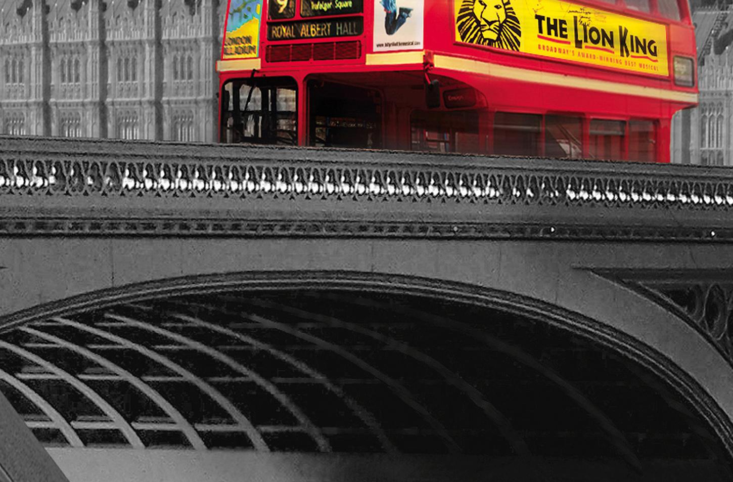 Fototapete RED BUS ON WESTMINSTER BRIDGE 175x115 London Big Ben Themse rot s-w