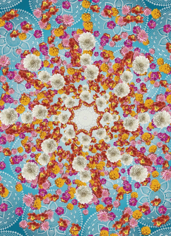 Fototapete HAPPINESS 184x254 Blumen Blütenstern grafisch weiss pink orange rot