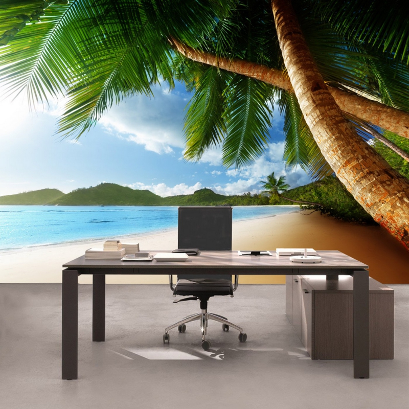 Vlies Fototapete 4 - Lonely Beach Strand Tapete Strand Meer Palmen Beach 3D Ozean Palme blau