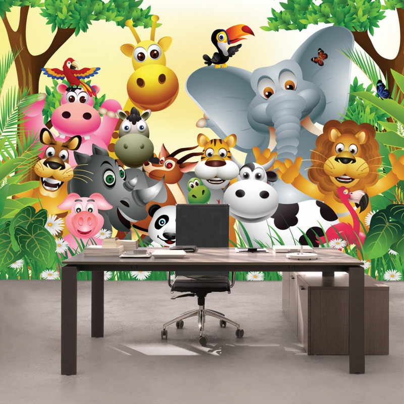 Vlies Fototapete 13 - Jungle Animals Party Kindertapete Tapete Kinderzimmer Dschungel Zoo Tiere Giraffe Löwe