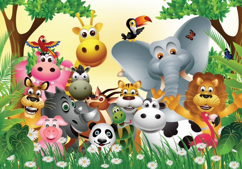 Vlies Fototapete 13 - Jungle Animals Party Kindertapete Tapete Kinderzimmer Dschungel Zoo Tiere Giraffe Löwe