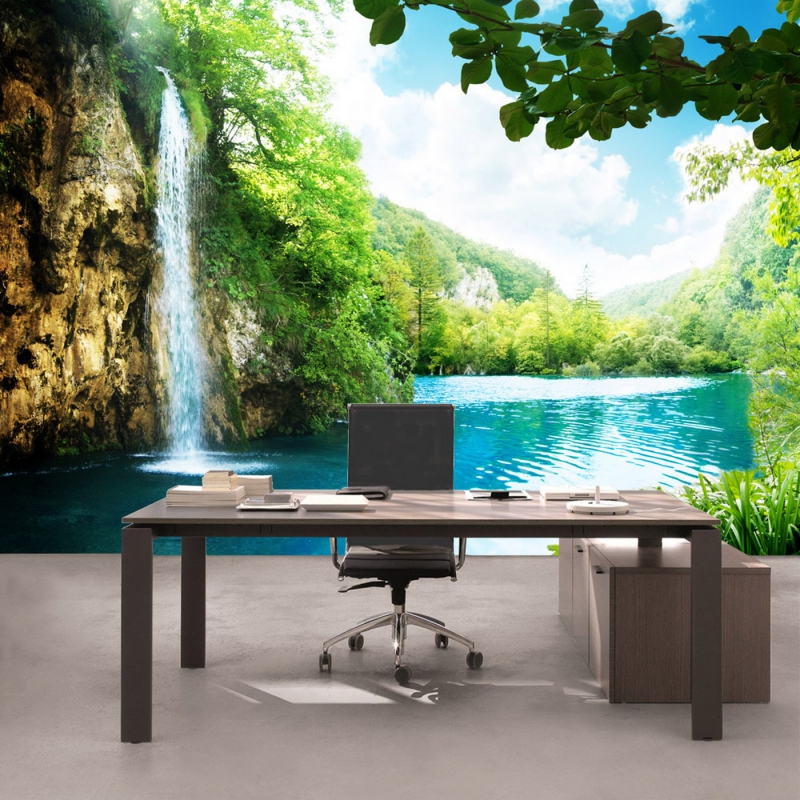 Vlies Fototapete 35 - Waterfall in Paradise Berge Tapete Wasserfall Lagune Paradies Berge See Wald B