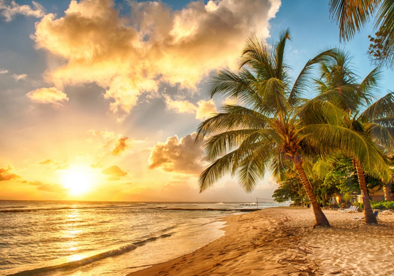 Vlies Fototapete 42 - Dream Beach Strand Tapete Strand Meer Sonnenaufgang Beach Wasser Blau Himmel Sonne Sommer orange