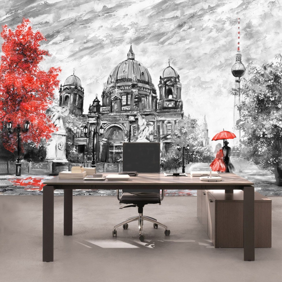 Vlies Fototapete 4555 - Gemälde & Kunstwerke Tapete Stadt Malerei Berlin Baum Stuhl Frau Mann rot