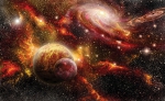 Vlies Fototapete 1379 - Himmel Tapete Weltraum Weltall Galaxy Sterne Planeten Himmel orange